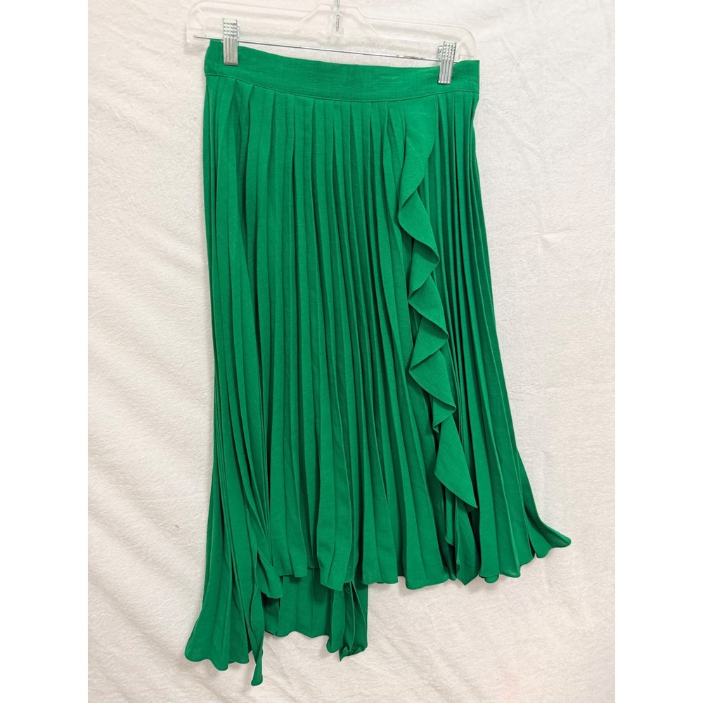 Glam Est. 2000 Los Angeles Green Pleated Ruffle Asymmetric Midi Skirt Size L NWT